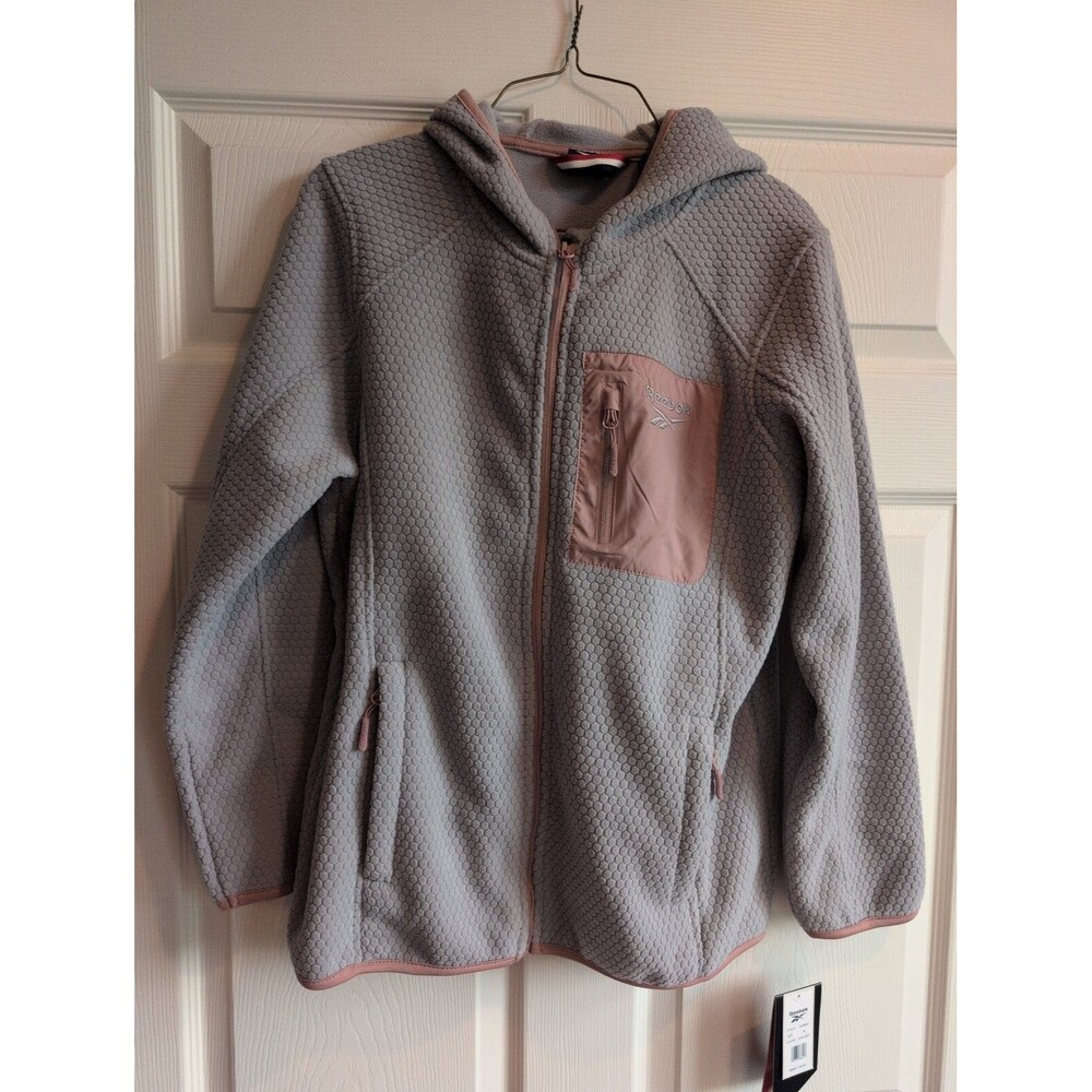Reebok Womens Lightweight Hooded Fleece Jacket - Medium - Gray and Pink